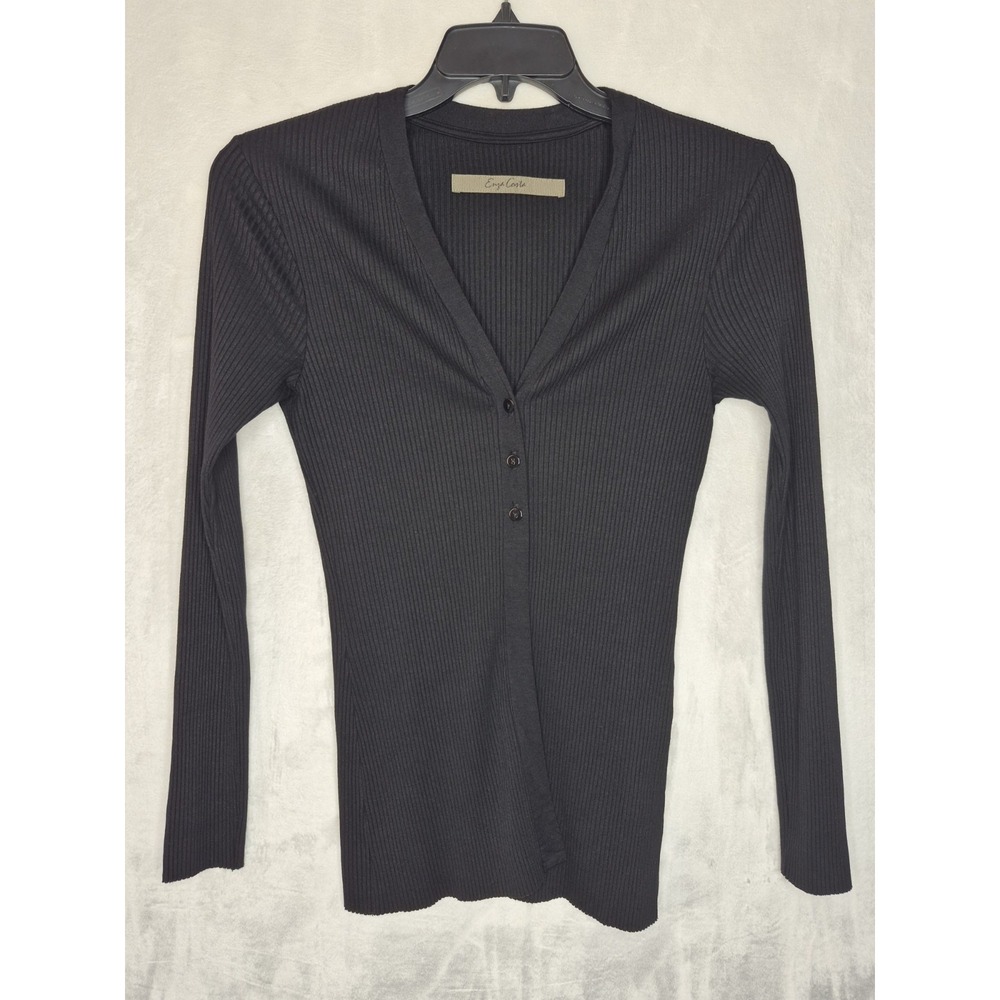 Enza Costa Ribbed Knit Button V Neck Top Charcoal Black Womens Small S